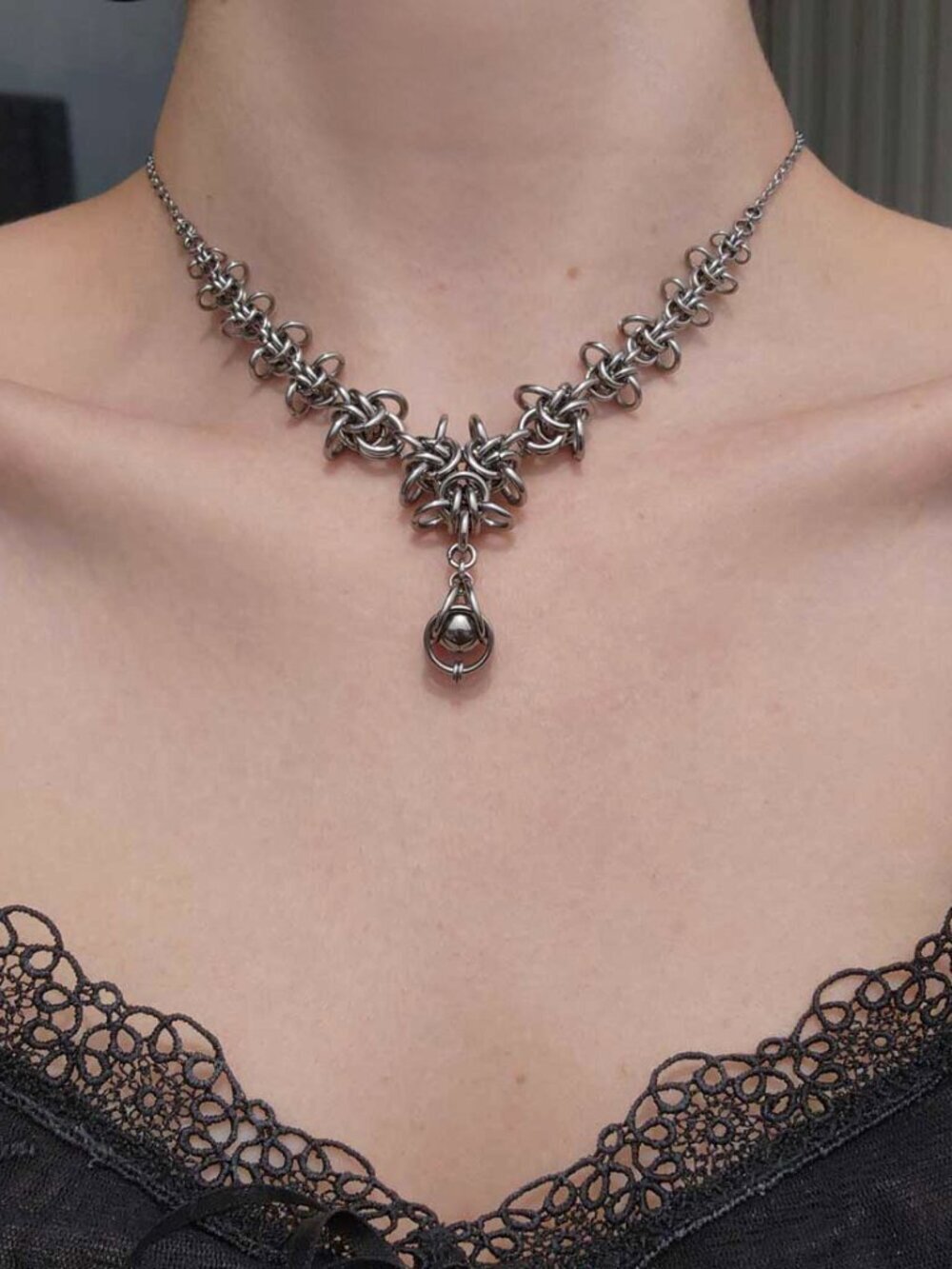 Gothic silver necklace with a small silver chain